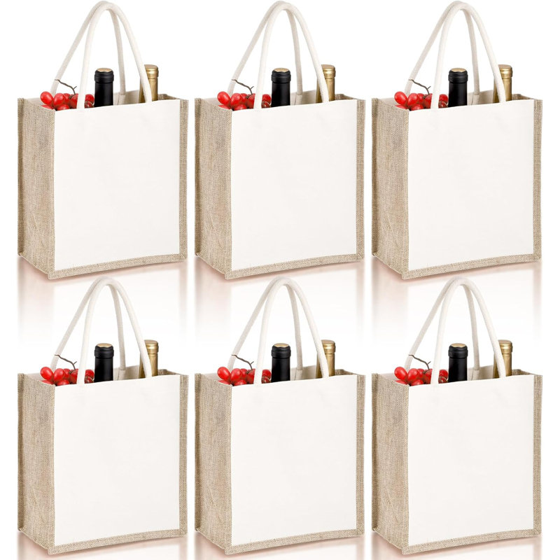 6 Pack Burlap Tote Bags, Reusable Jute Gift Tote With Handles, Small Beach Bags, Canvas Grocery Shopping Tote For Bridesmaid, DIY, Shopping, Pool, Wedding Bag