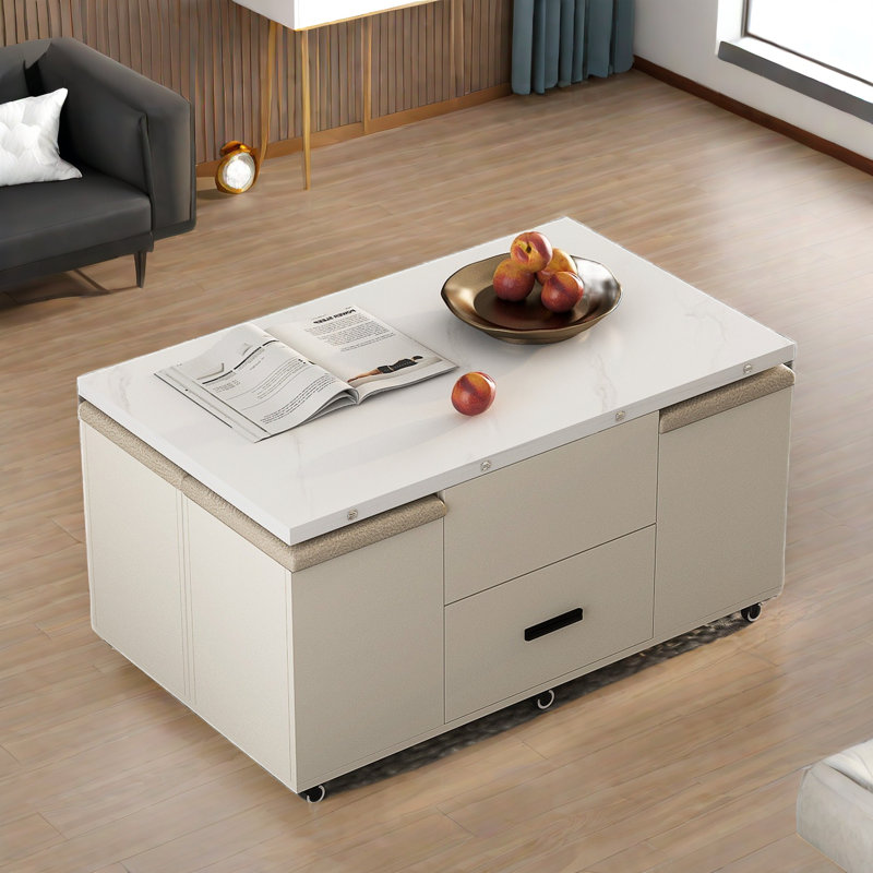 Table basse moderne pliante avec 4 tabourets, 2 tiroirs et un espace de rangement caché 