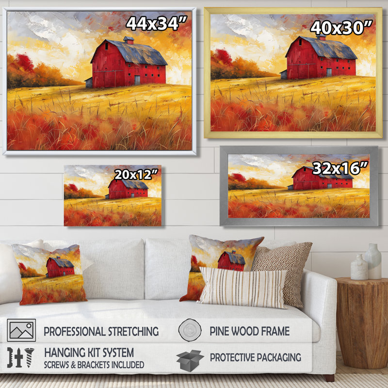  «Autumn Red Barn Breeze III - Art mural de grange, Toile avec cadre flottant brun, H 16 po x l 32 po x P 1 po