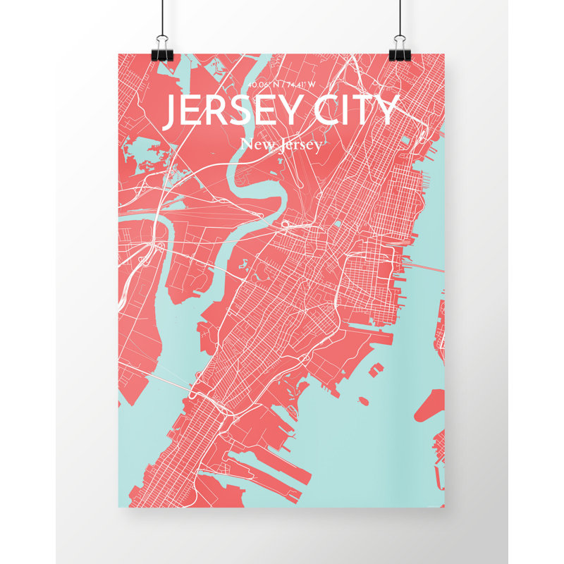 «Jersey City City Map», reproduction d'impression sur affiche en rose, H 27,56 po x l 19,69 po