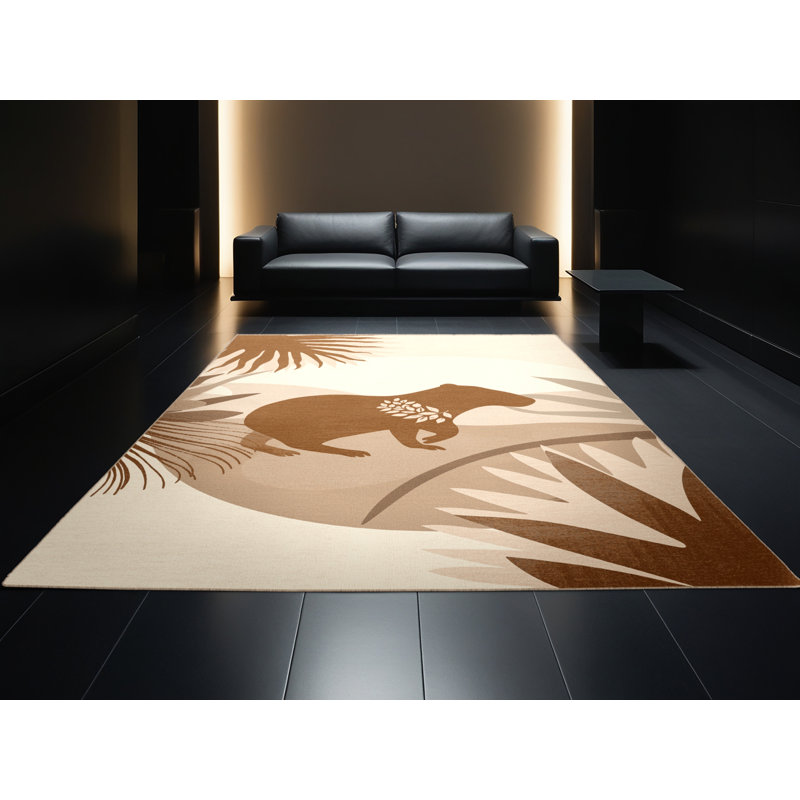 Machine Washable Pavnesh Capybara Rainforest Minimalist Ombre Rug in Beige – Beige Binding, 3x5