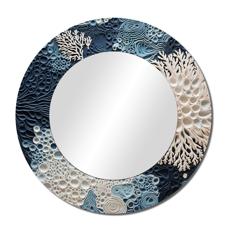 Under Water Blue And White Corals Collage - Coastal Unique Mirror, Coastal Large Round Wall Mirror, Printed Metal Art