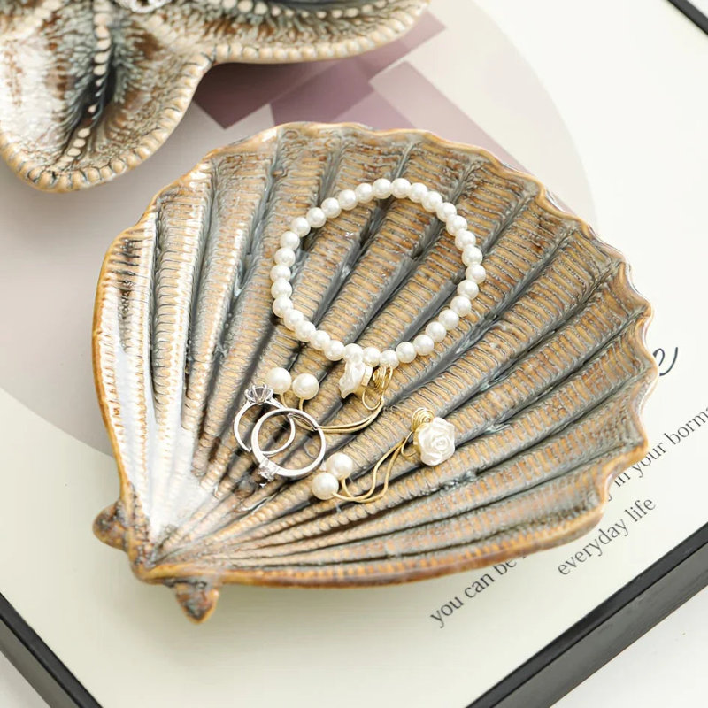 Jewelry Tray - Dual-Color Ceramic Starfish, Brown, Scallops