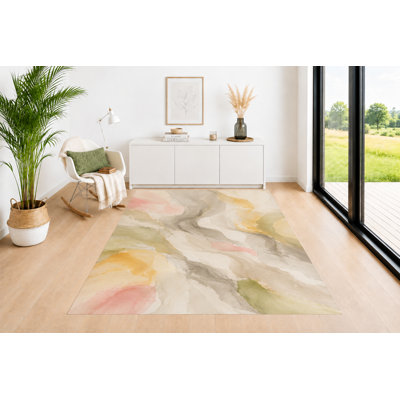 "Ultra Lightweight" 5'x7' Soft Wash Area Rug, Sage Green Blush Beige Cream and Sand Watercolor Inspired Pattern, Soft Low Pile Carpet for Living Room Bedroom Office Decor
