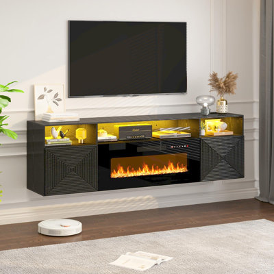 Floating TV Stand With 36" Electric Fireplace, 70" Wall Mounted Fireplace Entertainment Center With LED Lights, Mid Century Modern Media Console For T by Ebern Designs