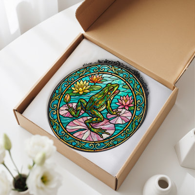 7.8"H Frog Lily Stained Glass Window Panel
