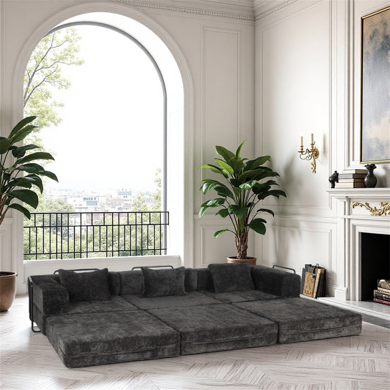 Ensemble de canapé convertible modulaire en tissu chenille sans dossier, Noir