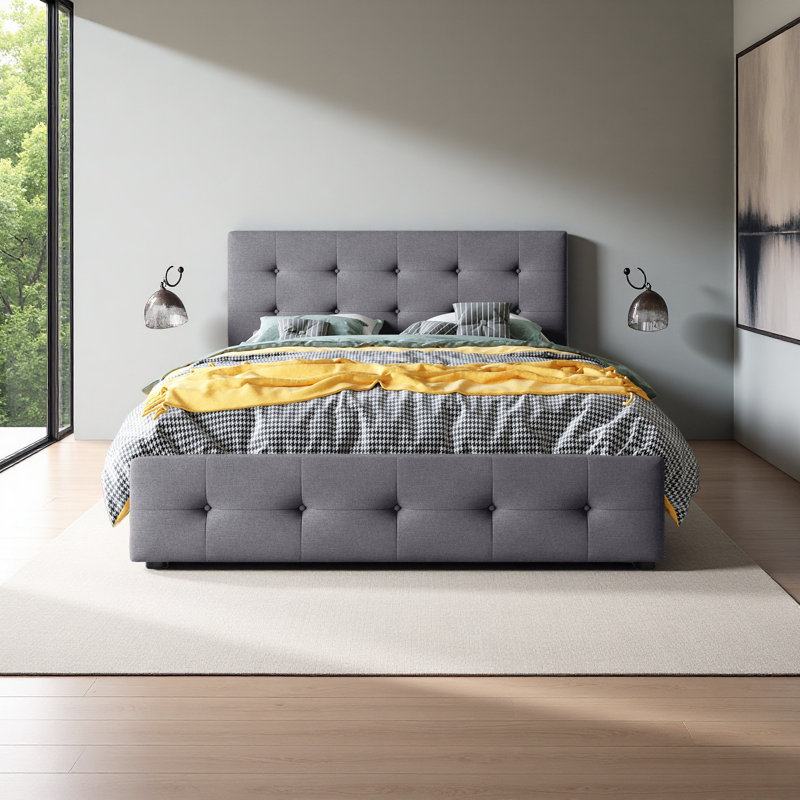 Lit plateforme tapissier avec tête de lit classique et 4 tiroirs, aucun sommier nécessaire, tissu en lin, grand, Gris foncé