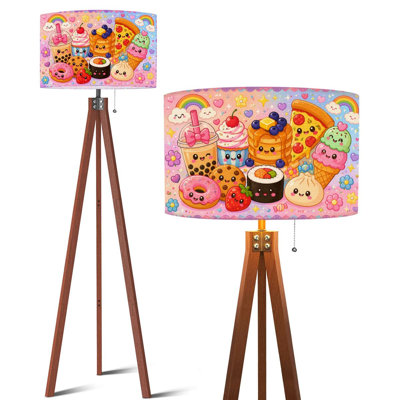 Lampadaire trépied à DEL avec télécommande, motif de château de conte de fées, nuages, ciel étoilé et croissant de lune. Pieds en bois de hêtre et abat-jour amovible en lin. Parfait pour une maison de campagne, un appartement, un salon ou une chambre.