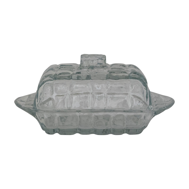 Pressed Glass Butter Dish With Grid Pattern
