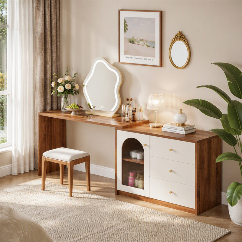 Coiffeuse à maquillage moderne, coiffeuse à 3 tiroirs et armoire
