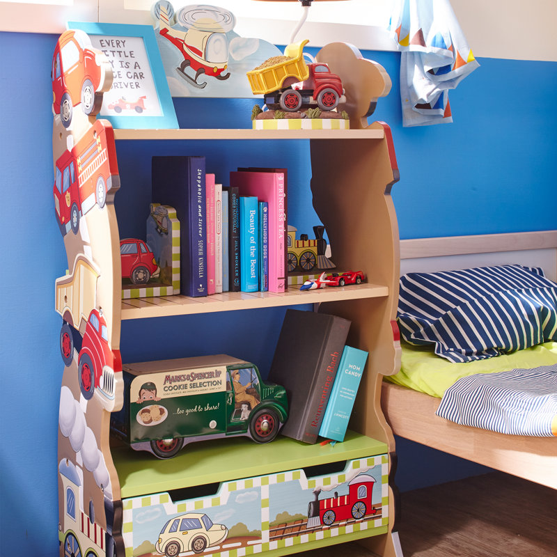Colorful Transportation Theme Kids Wooden Bookshelf with Drawer