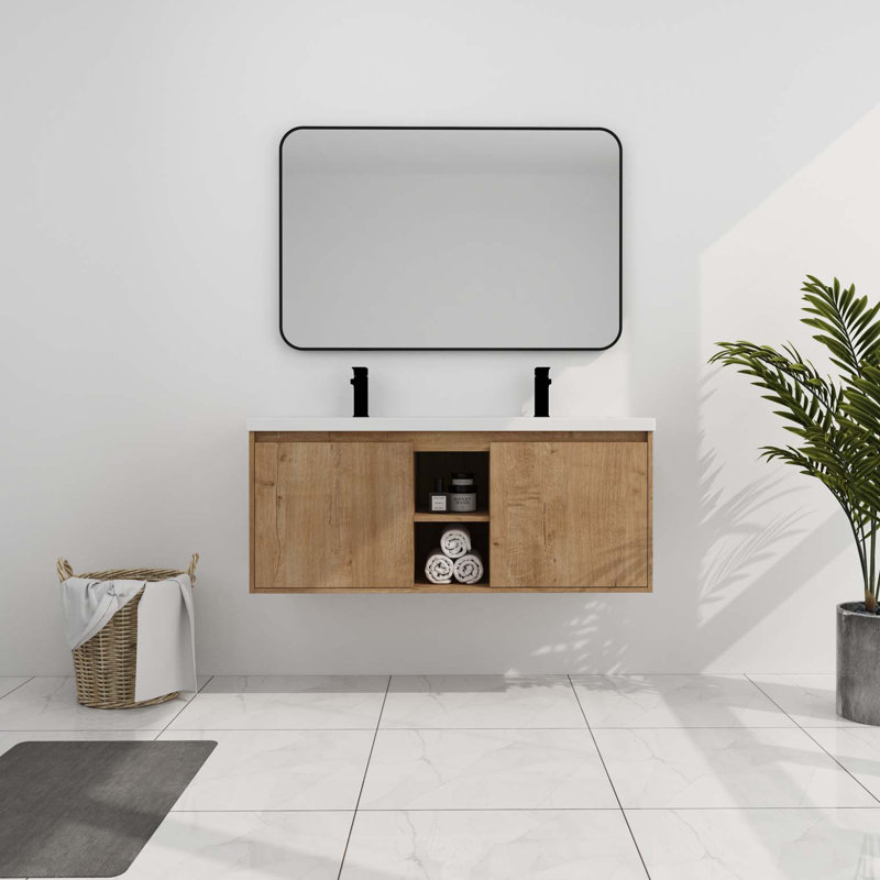 Meuble-lavabo mural 48 po avec lavabo double, charnière de porte à fermeture en douceur