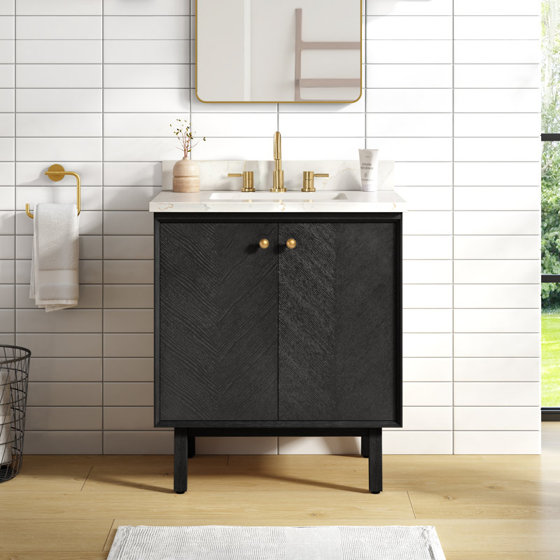 Meuble-lavabo sur pied simple 30 po avec plateau en quartz Adele, Noir, Or, 31