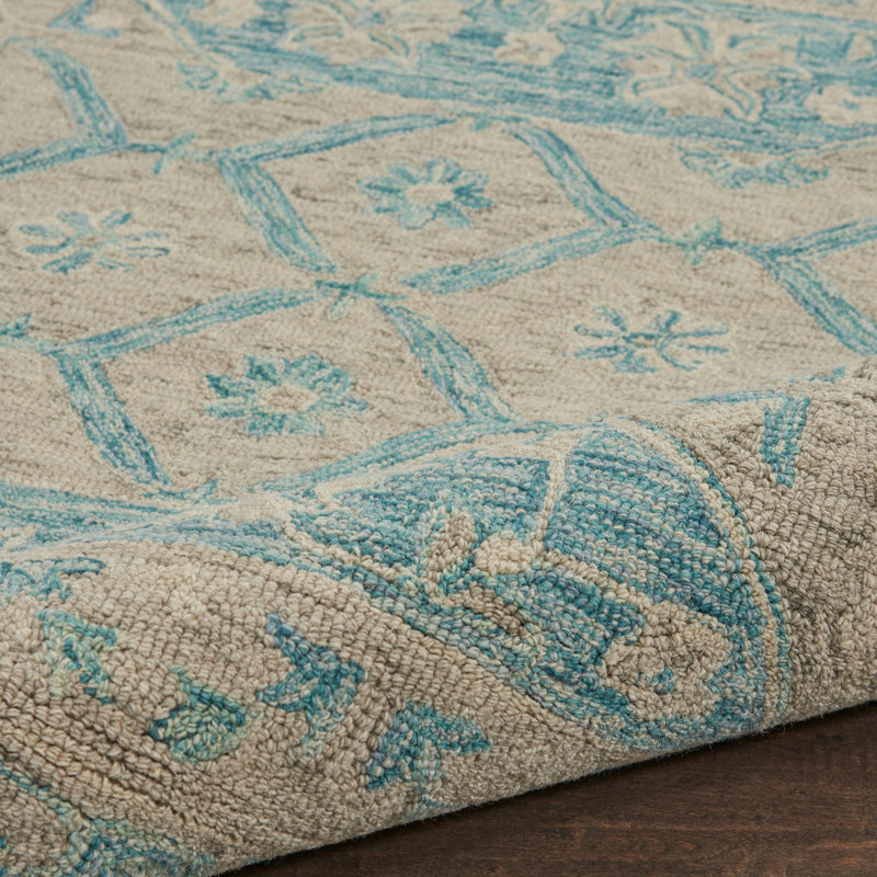 Velan Floral Handmade Looped Wool Ocean Blue/Beige Area Rug, Rectangle 8' x 11'
