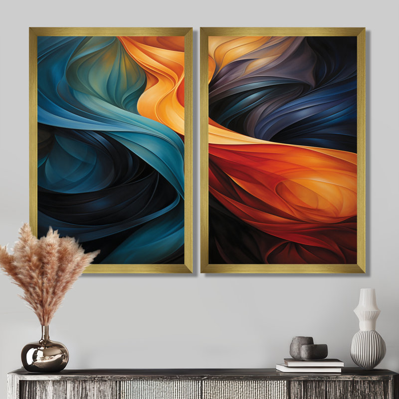 «Retro Blue Orange Liquide Streams - Waves», impression sur toile abstraite sarcelle 2 pièces, H 36 po x l 48 po, Doré