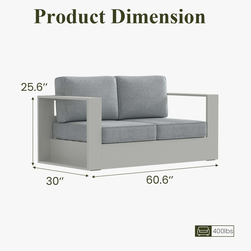 Modern Outdoor Aluminum 2-seater Loveseat With Cushions, Grey Cushion/White Frame