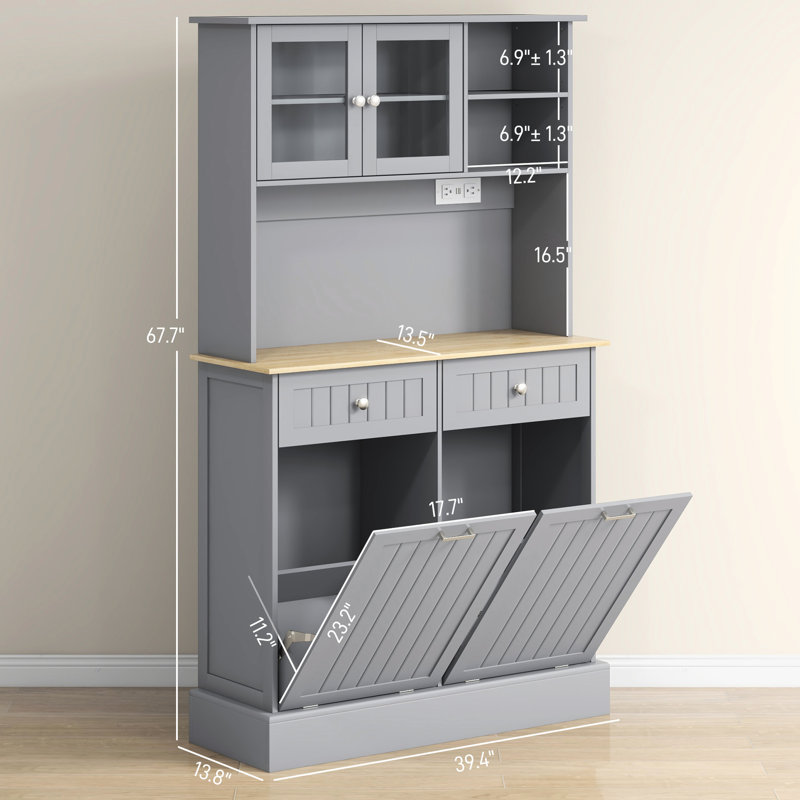 68" Gray Kitchen Pantry Storage Cabinet With Electrical Charging. Freestanding Glass Doors & Adjustable Shelf. For Various Spaces. 2 Tilt Out Trash Cabinets. Built-in Ac Outlets And Ports. Spacious