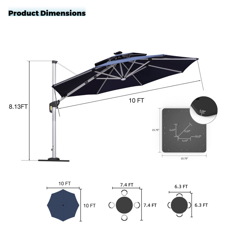 Parasol en porte-à-faux à DEL 120 po Repina, Bleu marine
