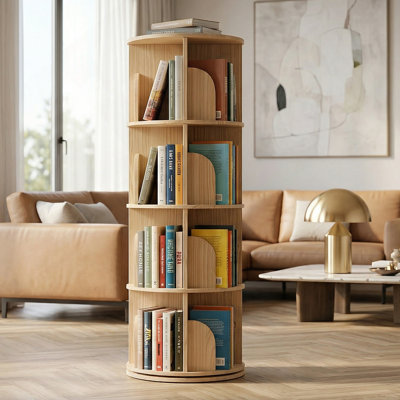 4 Tier Rotating Bookshelf, Round Floor Standing Bookcase With 360° Spinning Storage, Wooden Display Shelf For Books, Décor And Toys, Natural.