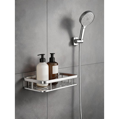 Tablette de douche adhésive argentée, plateau de rangement mural sans trou pour la salle de bain avec trous de drainage, organisateur en acier inoxydable antirouille pour les essentiels de la douche