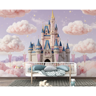Château de princesse Papier peint | Murale aquarelle nuage au pays des merveilles | Décoration de chambre de château de conte de fées pour enfants | Art de conte de fées magique