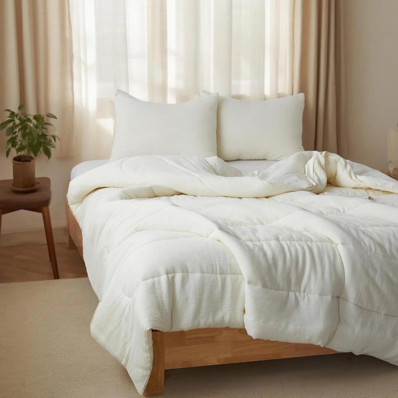 Ensemble d'édredon 100% coton mousseline, Édredon grand + 2 taies d'oreiller standard, Crème, crème