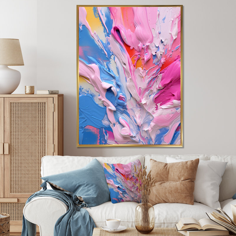 Rose, bleu, jaune, liquide, art V, Cadre flottant doré, H 44 po x l 34 po x P 1,5 po