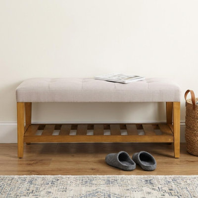 Banc rembourré en polyester brun clair et brun de 40 po avec tablettes Gracie Mills
