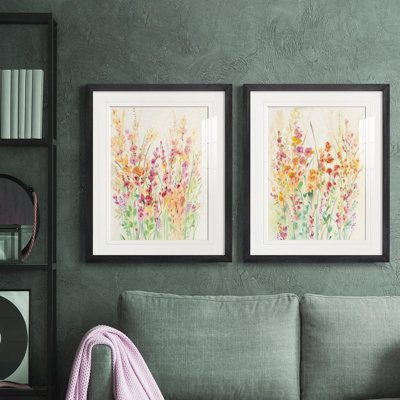 Brilliant Floral I - Vintage Botanical Print, Matted and Framed Under Glass, Set of 2, Living Room and Dining Room Wall Art