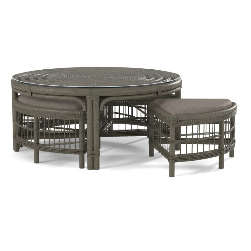 Raffles Rattan Cocktail Table with Benches, Greystone, Blue Buffalo Check; 0120-61