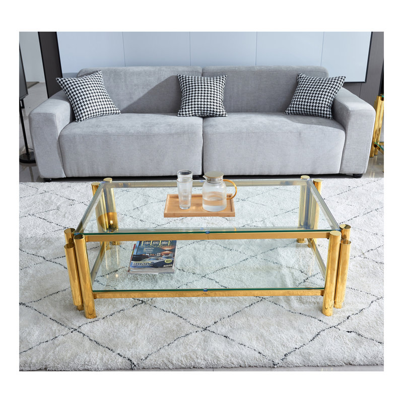 Table basse rectangulaire moderne en acier inoxydable de 47 po de largeur, table basse en verre trempé transparent à deux couches, table centrale avec rangement, pour le bureau à domicile, assemblage facile, or