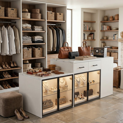 Walk-In Closet Island With LED Glass Display