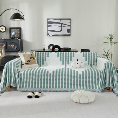  Housse de canapé réversible en chenille, housse de canapé à motif jacquard géométrique avec pampille, housse de canapé lavable Protecteur de mobilier moderne, compatible avec les animaux de compagnie, vert 71 po x 102 po