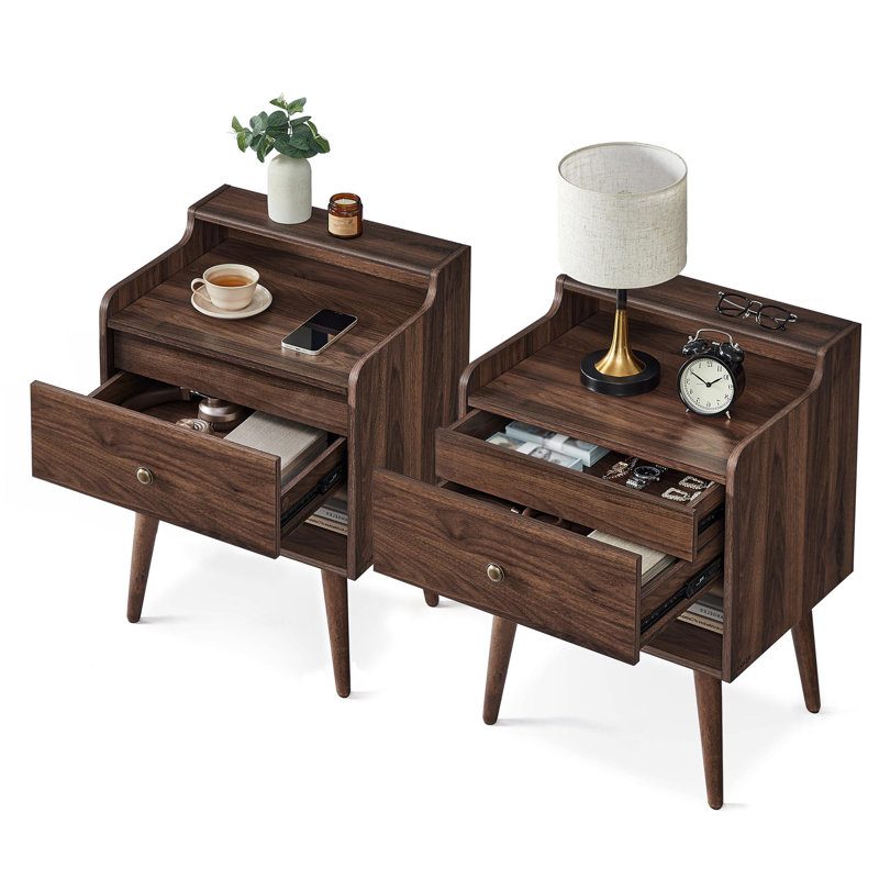 2 Drawer Nightstands With Hidden Drawers, Solid Wood Legs, Natural Walnut