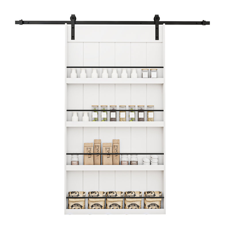 Porte de grange coulissante avec tablettes à quatre niveaux et quincaillerie incluse, 48 po x 84 po
