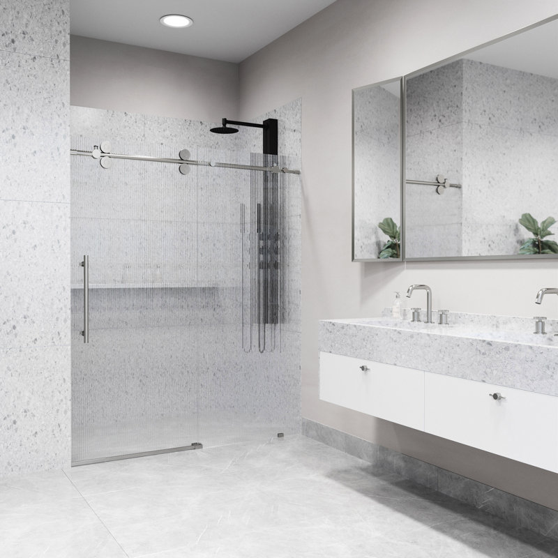 Elan 68-72" W x 74" H Sliding Frameless Shower Door with 3/8" Fluted Glass, Stainless Steel