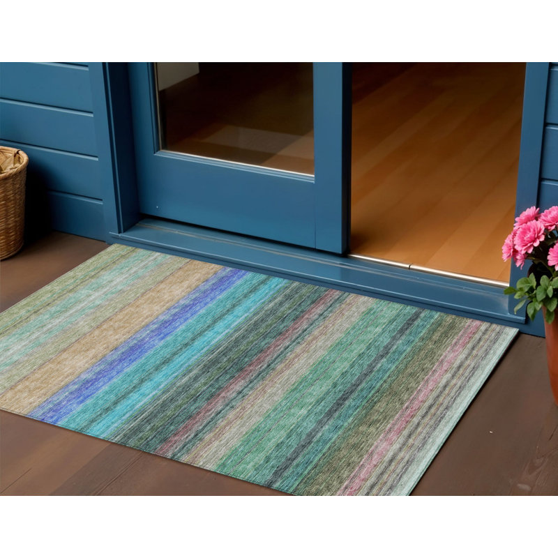 3' X 5' Sage Teal Blue And Tan Striped Washable Indoor Outdoor Area Rug