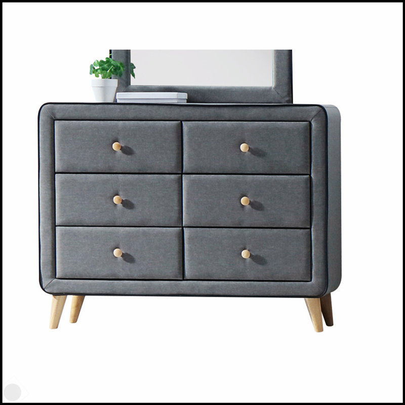 Commode en tissu gris clair Valda avec six tiroirs spacieux et un design moderne pour les chambres contemporaines