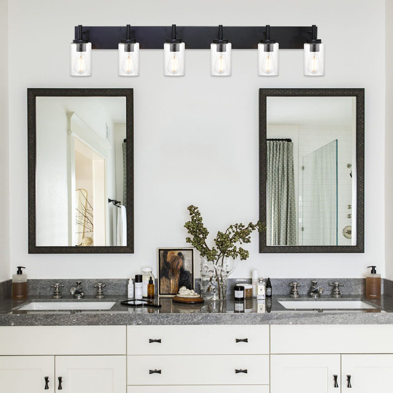6-Light Dimmable Black Vanity Light With Seeded Glass Shade.