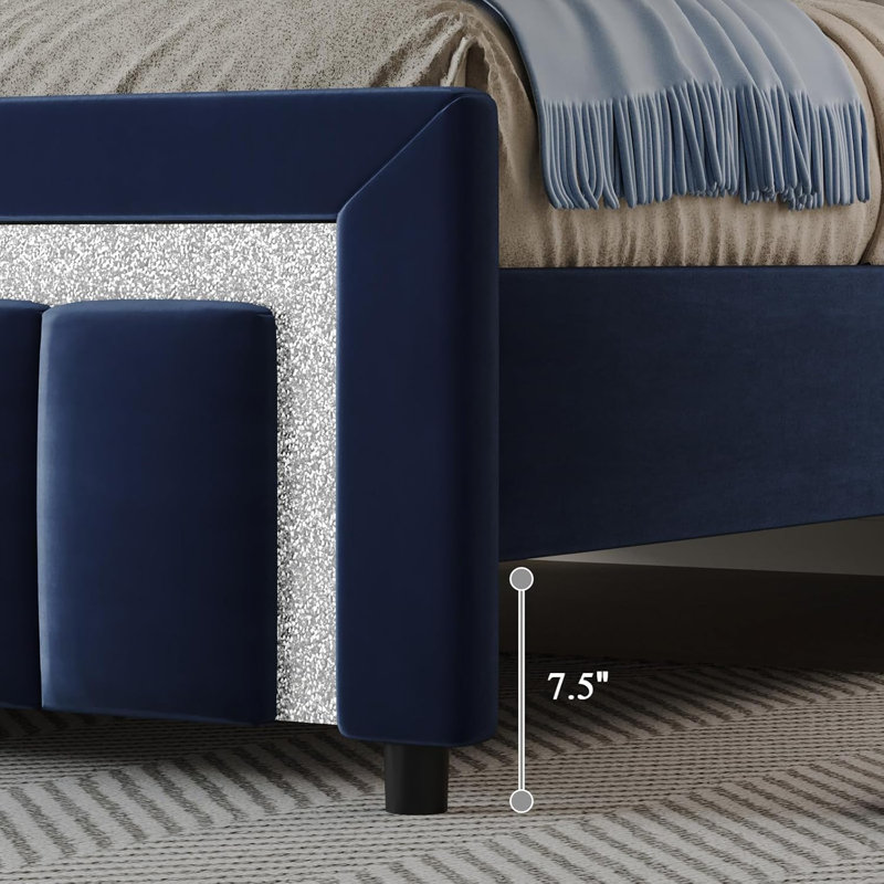 Velvet Upholstered Platform Bed Frame with Vertical stripes Headboard and Footboard and Footboard, Blue, Full