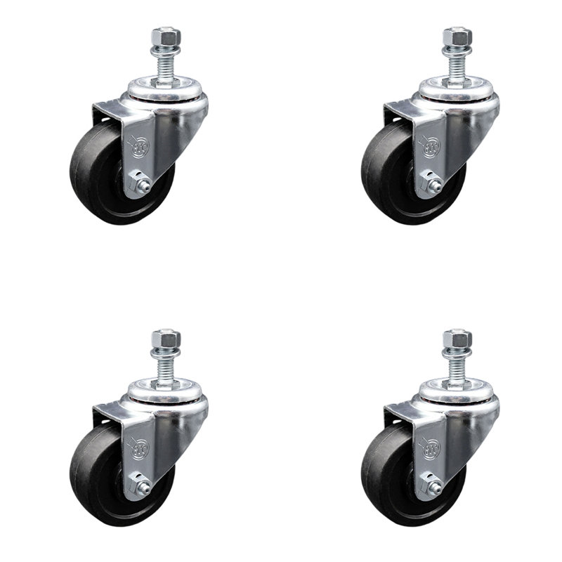 3 Inch SS Soft Rubber Wheel Swivel 10mm Threaded Stem Caster Set SCC