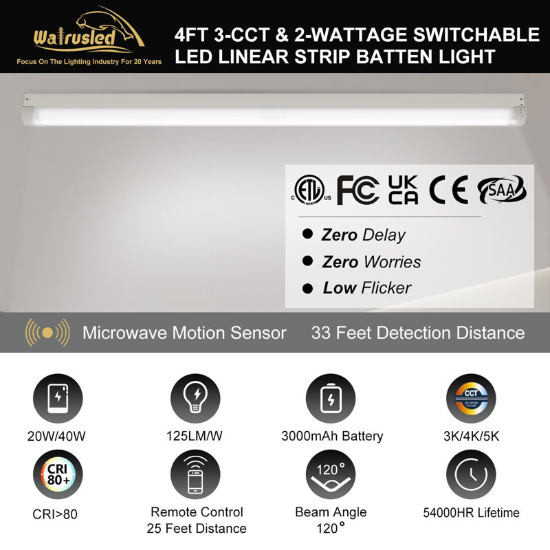 4FT Tri-Level Motion Sensor LED Linear Strip 10W Emergency Output Stairwell Light w/Remote, CCT 20W/40W 125lm/w, Battery Backup, 30K/40K/50K, Dimmable 4 Foot Commercial Shop Ceiling Light Fixture, ETL