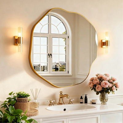 Miroir mural irrégulier, cadre en métal asymétrique moderne, verre HD pour salon, chambre à coucher, salle de bain - doré, 32 po x 29 po