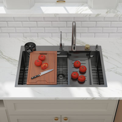 Évier de cuisine encastré en acier inoxydable de 33 po x l 21 po avec robinet à cascade, évier de cuisine à simple cuve avec robinet rétractable et laveuse à tasses