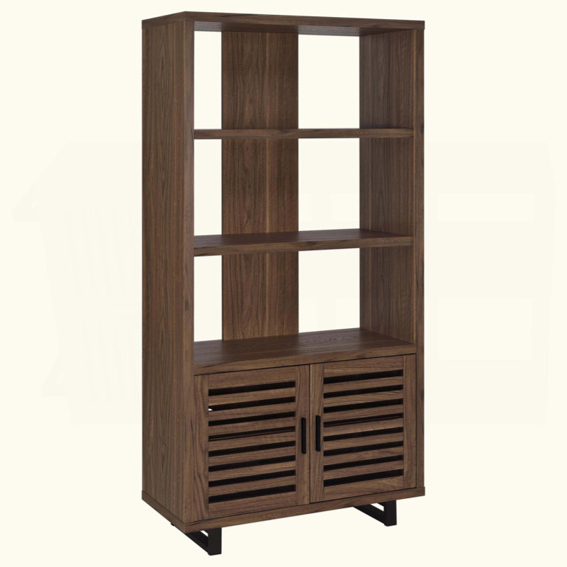 Bibliothèque à 3 tablettes avec armoire à portes à lattes, conception à dossier partiellement ouvert, mélamine résistante aux égratignures, dispositif anti-basculement, pour le bureau à domicile / salon