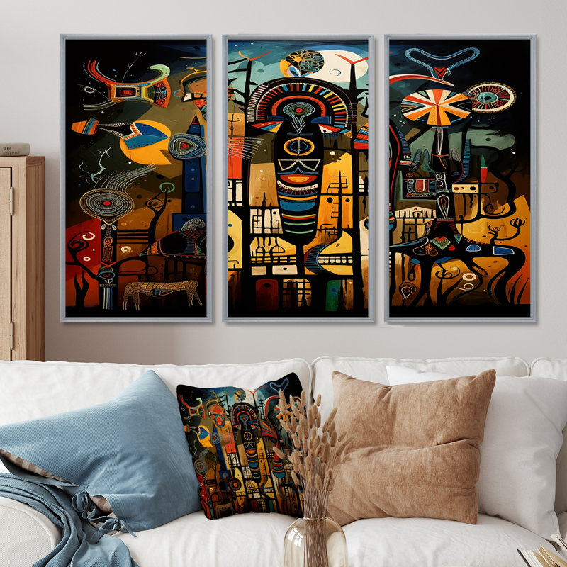 Abstrait paysage sub-saharien - ensemble d'art mural africain, Encadrement argenté, H 28 po x l 36 po x P 1 po