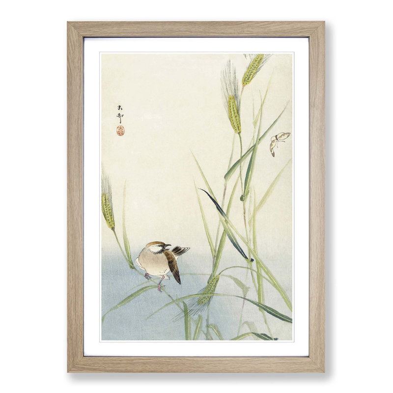 Bird & Butterfly by Ohara Koson - Picture Frame Painting Print, 65cm H x 48cm W x 2cm D, Oak Framed