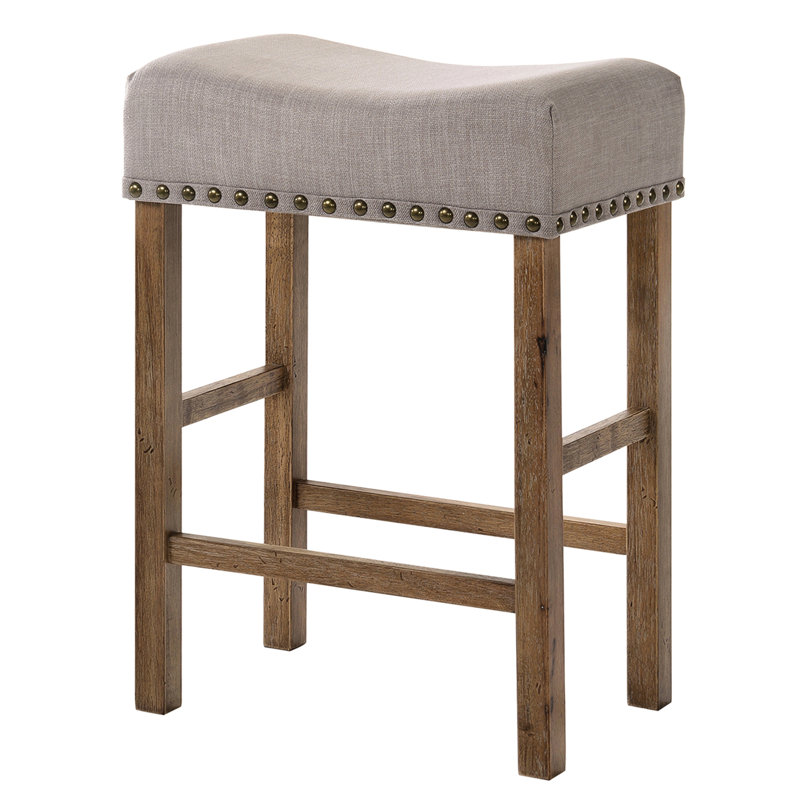 Tabouret rembourré en lin brun clair 2 places - Chêne vieilli et look minimaliste 2 de hauteur comptoir sans dossier avec pieds pour la chambre à coucher