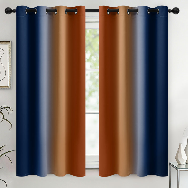 Rideaux isolants bleus et bruns orange, rideaux à œillets avec œillets 2 panneaux, Bleu foncé / orange vif, L 52 po x L 54 po